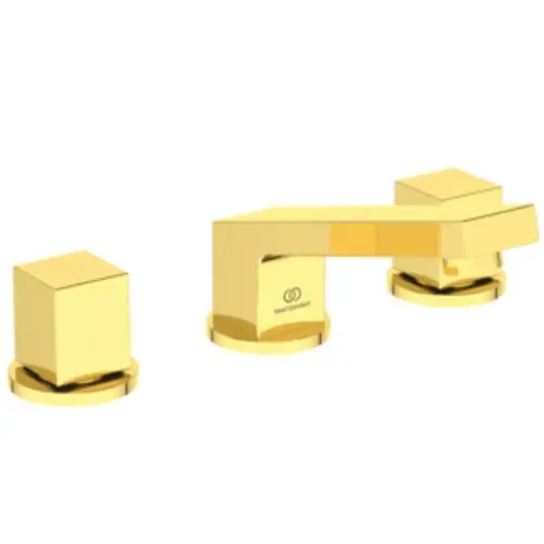 Wassertapete in elegantem Gold mit zwei Bedienelementen von Ideal Standard. Das Design ist modern und funktional, ideal für Badezimmeranwendungen.